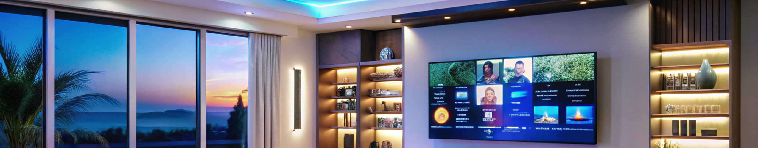 Home theater install in modern home witll wall mounted TV and view of Whangarei harbour